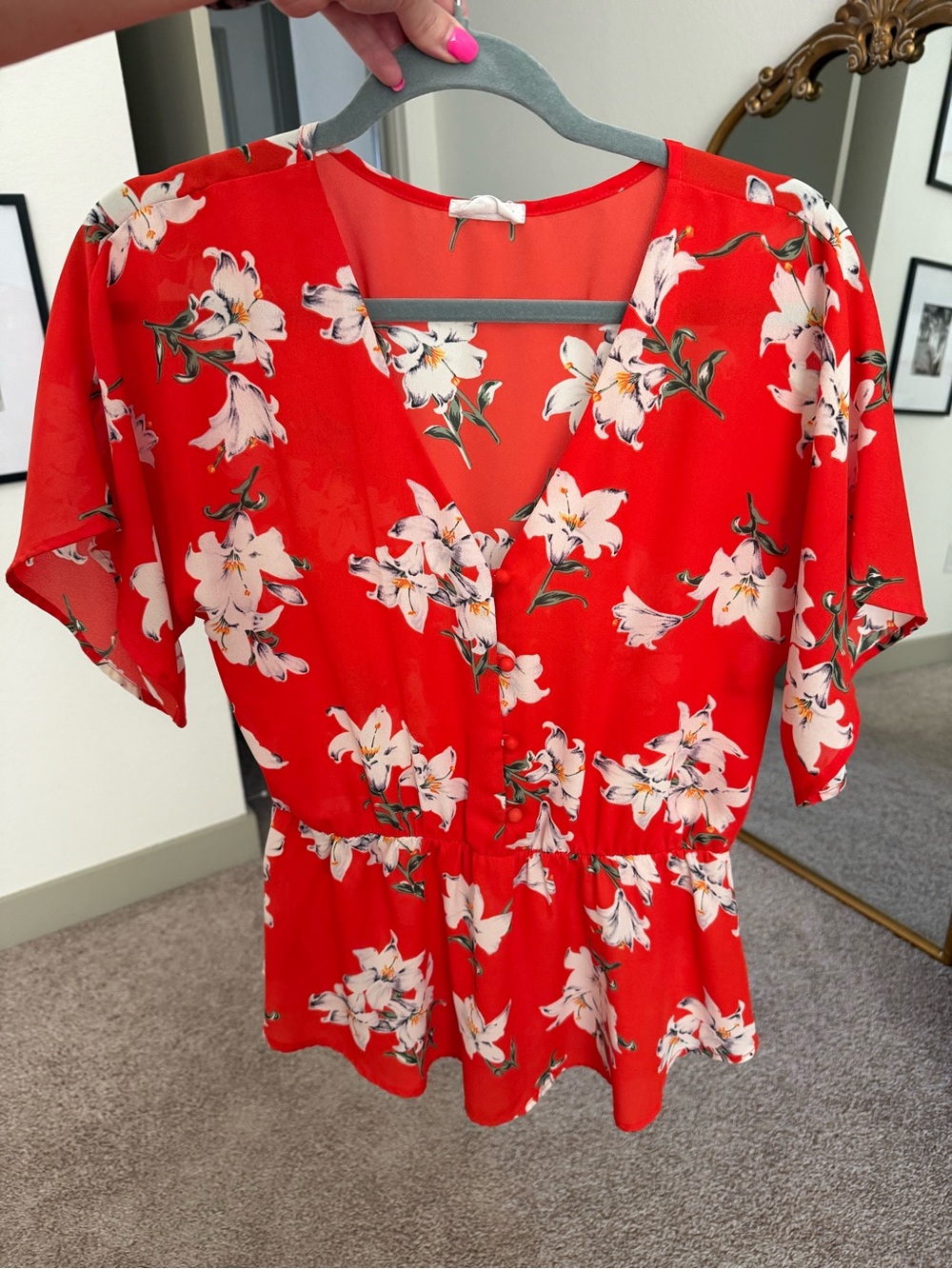 Floral Red V-Neck button up Peplum Blouse with flutter sleeve